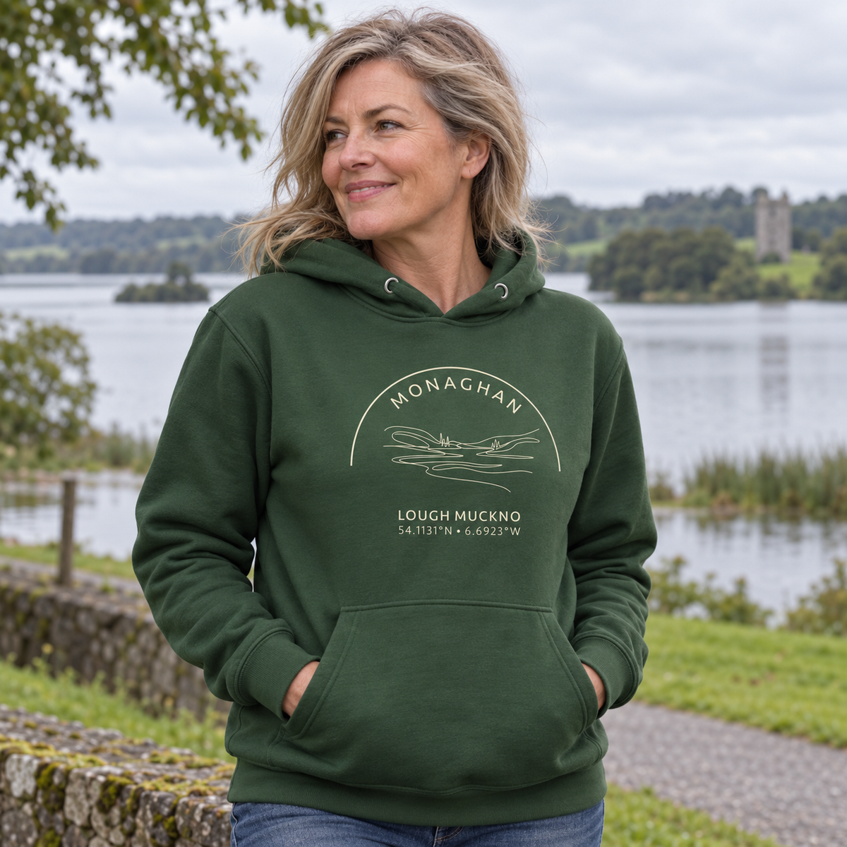 Woman wearing the Monaghan Lough Muckno forest green hoodie at Lough Muckno