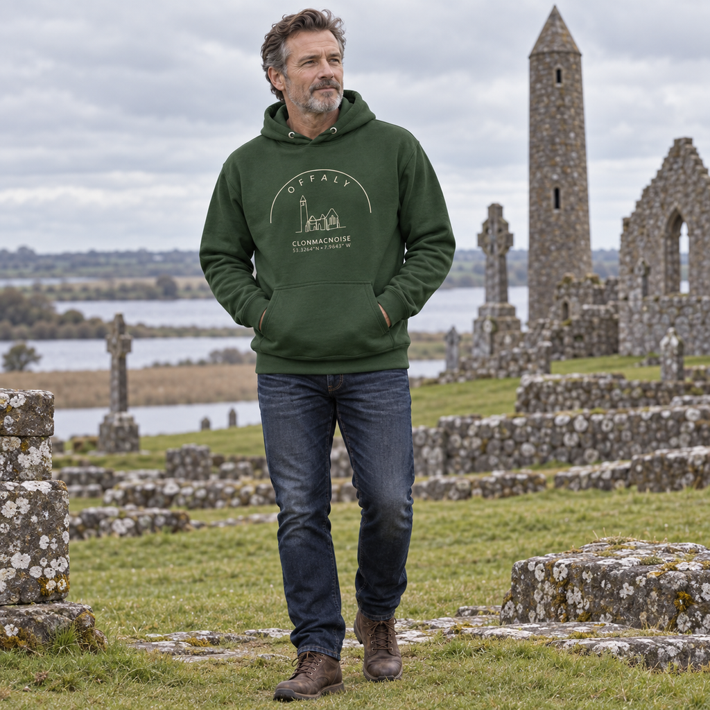Man wearing the Offaly Clonmacnoise forest green hoodie at Clonmacnoise
