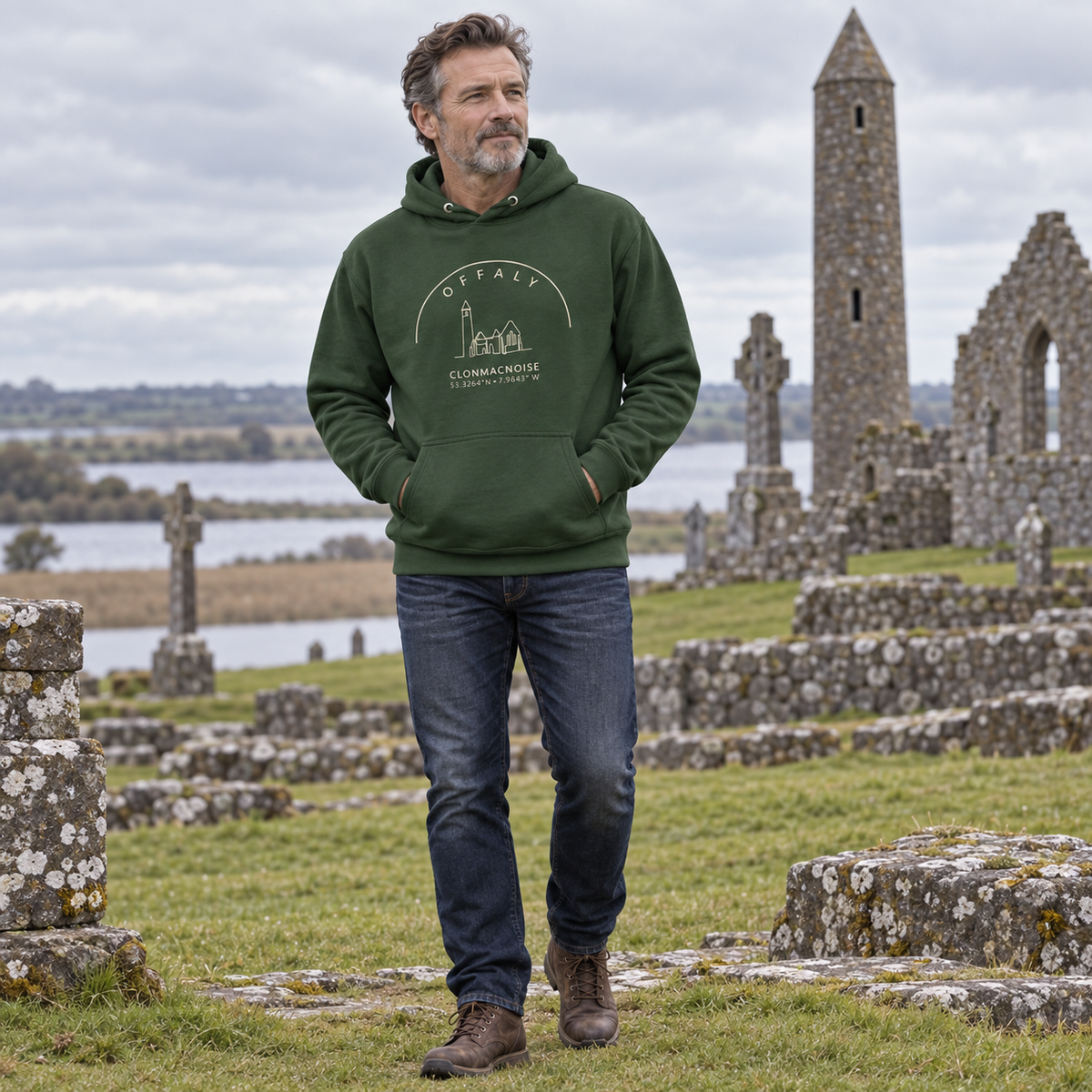 Man wearing the Offaly Clonmacnoise forest green hoodie at Clonmacnoise