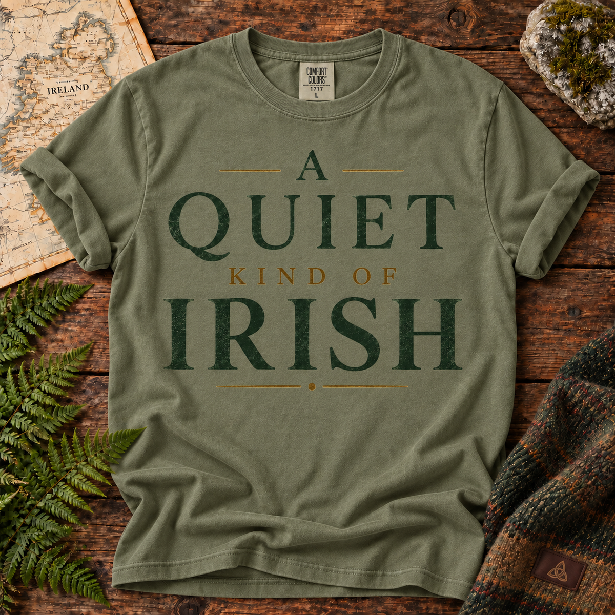 A Quiet Kind of Irish T-Shirt — Sage — Áit Standard Catalog Mockup v1