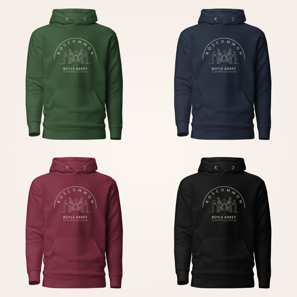 Roscommon Boyle Abbey hoodie in forest green navy maroon and black