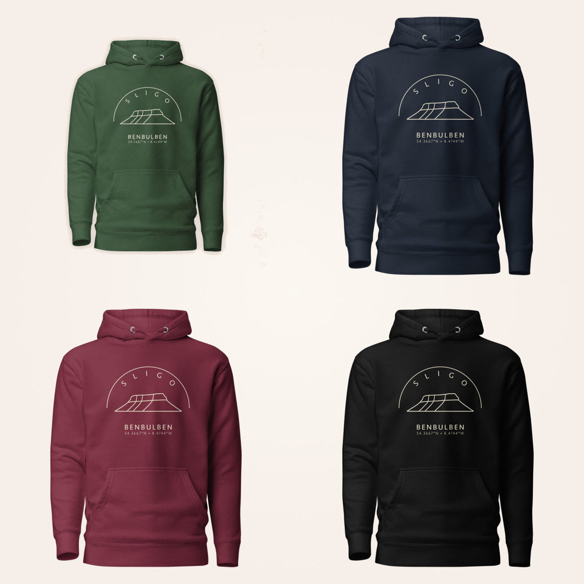 Sligo Benbulben hoodie in forest green navy maroon and black