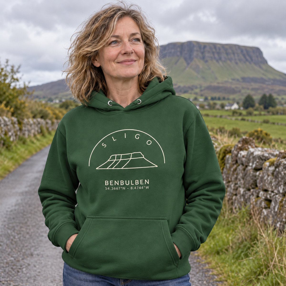 Woman wearing Sligo Benbulben forest green hoodie