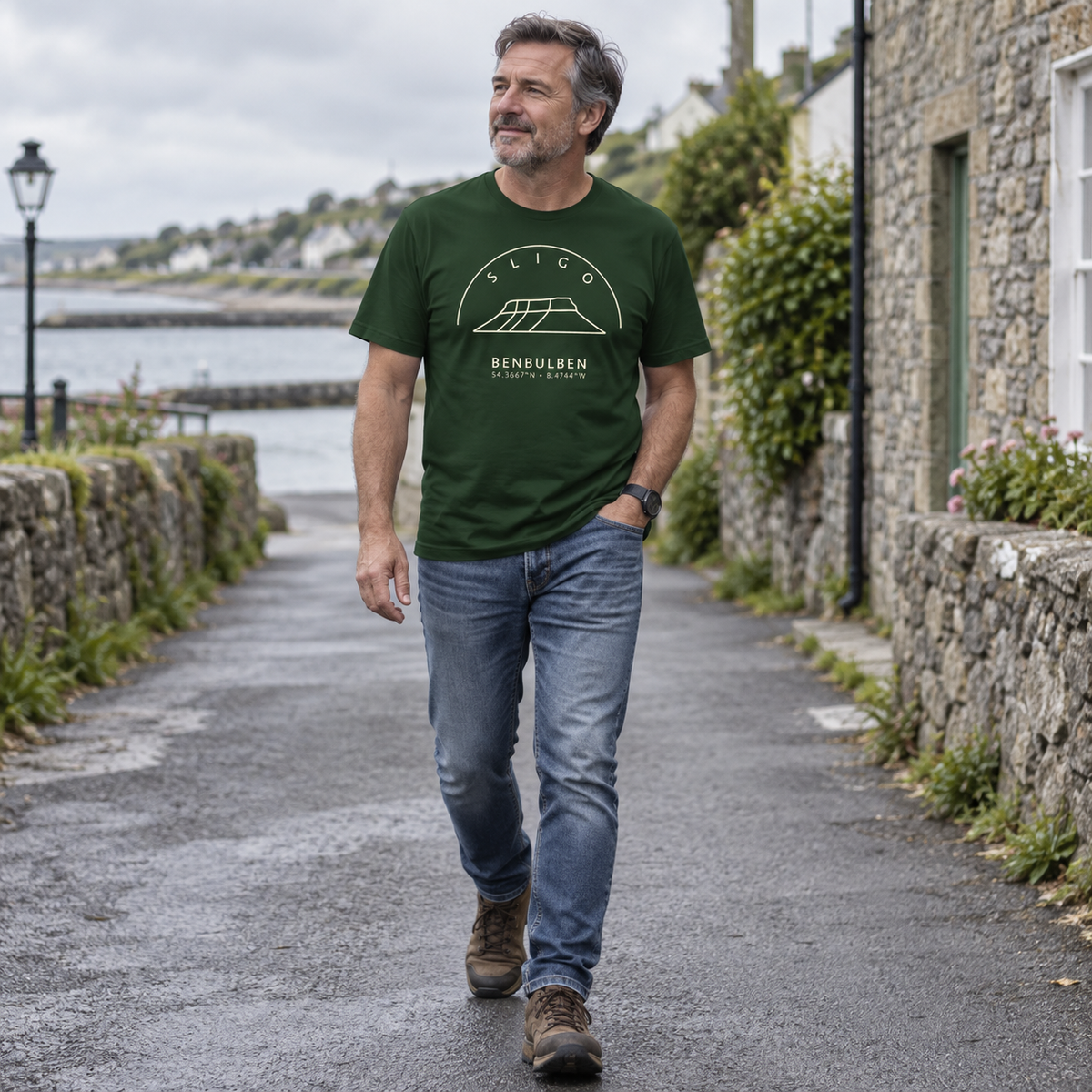 Man wearing Sligo Benbulben forest green T-shirt in a local setting
