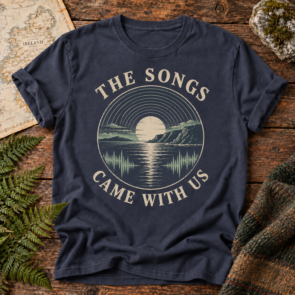 The Songs Came With Us T-Shirt — Navy — Áit Standard Catalog Mockup v1 realistic