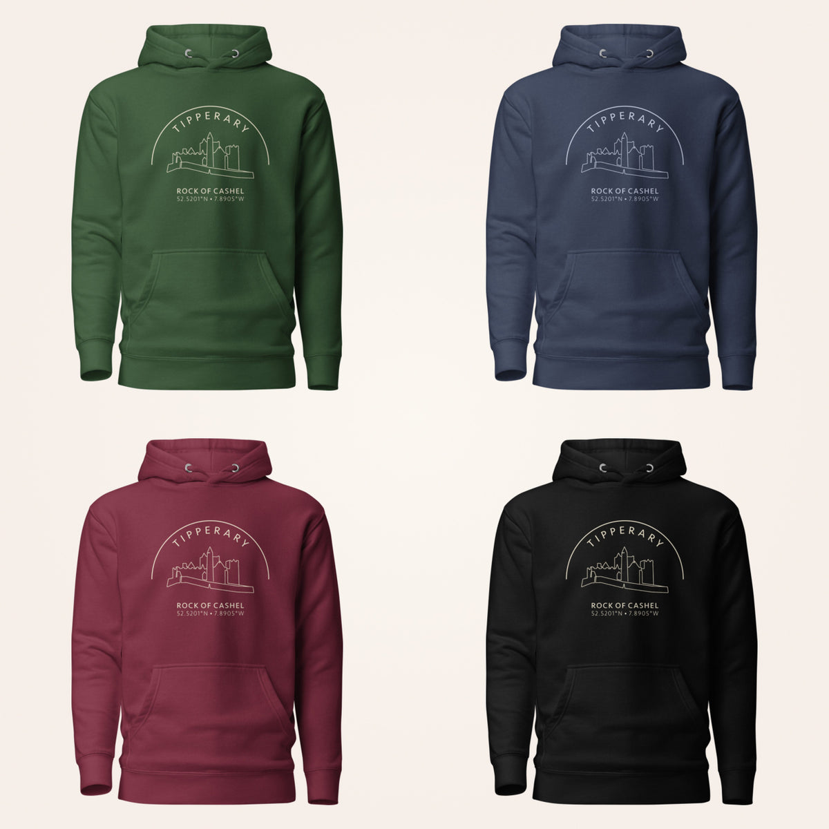 Tipperary Rock of Cashel hoodie in forest green navy maroon and black