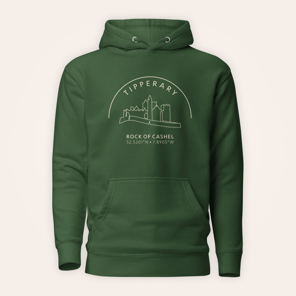 Tipperary Rock of Cashel hoodie front view on warm ivory background