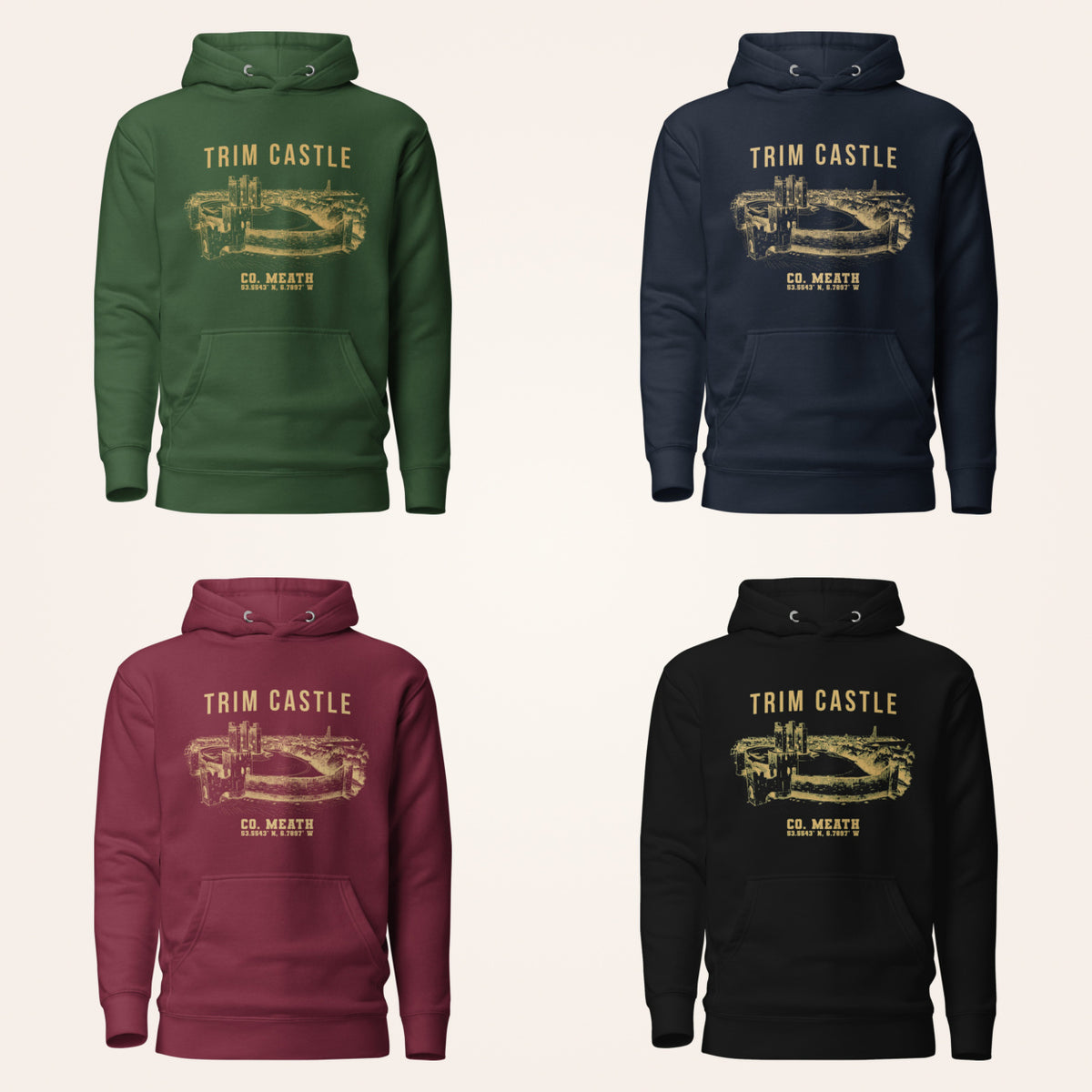 Meath Trim Castle hoodie in forest green navy maroon and black