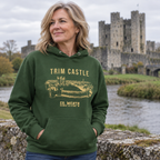 Woman wearing the Meath Trim Castle forest green hoodie at Trim Castle
