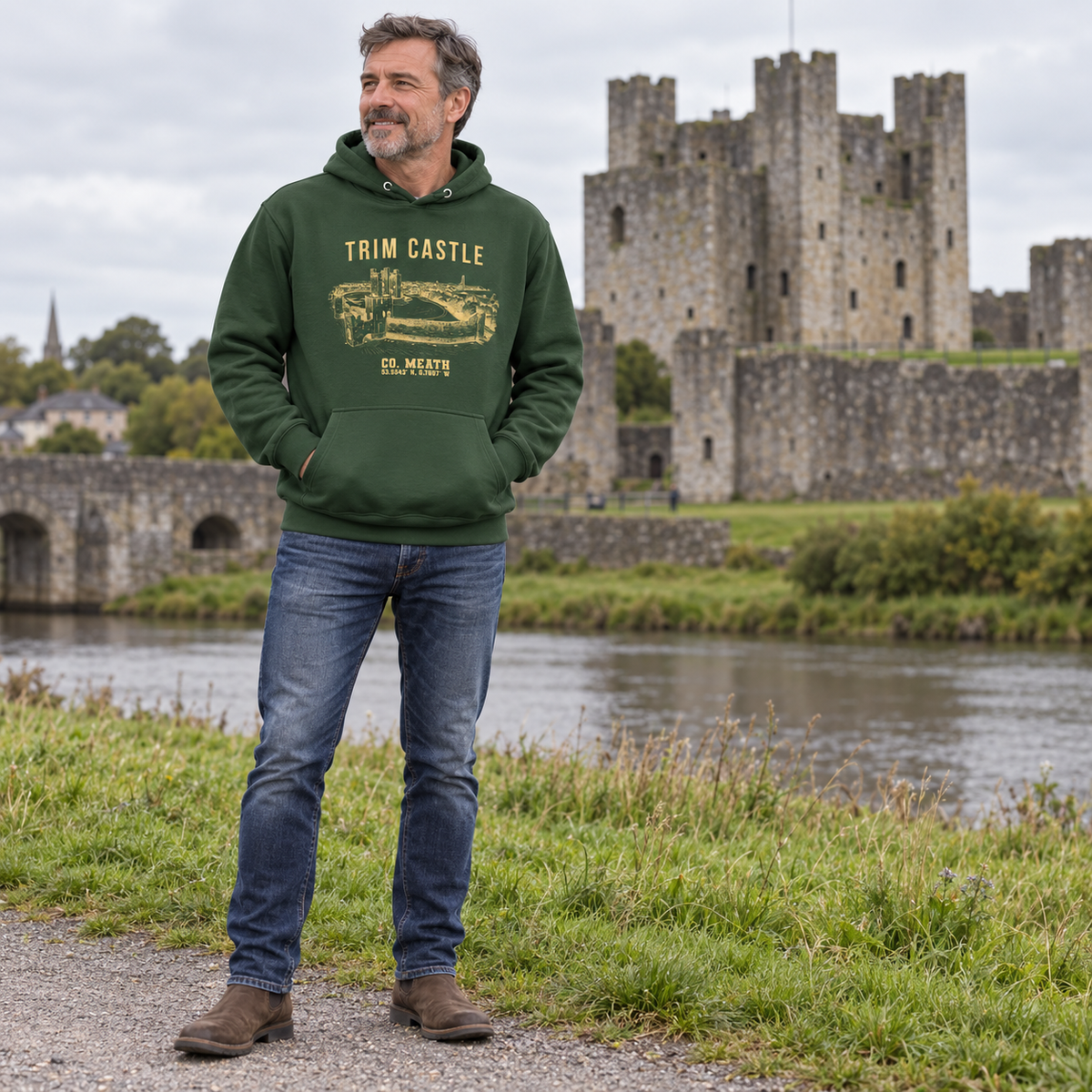 Man wearing the Meath Trim Castle forest green hoodie at Trim Castle