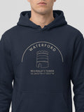 Navy blue hoodie with 'Waterford' and 'Reginald's Tower' text on a white background