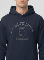Navy blue hoodie with 'Waterford' and 'Reginald's Tower' text on a white background
