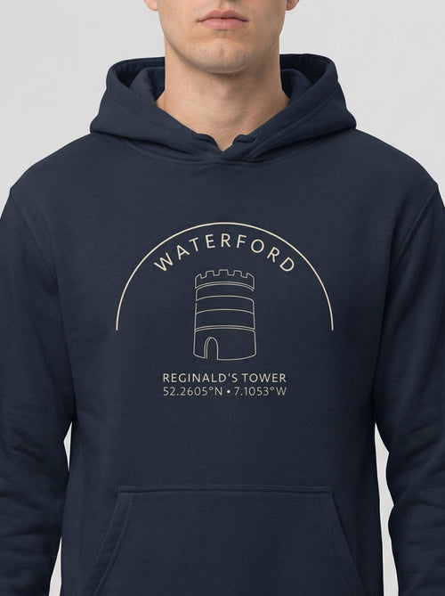 Navy blue hoodie with 'Waterford' and 'Reginald's Tower' text on a white background