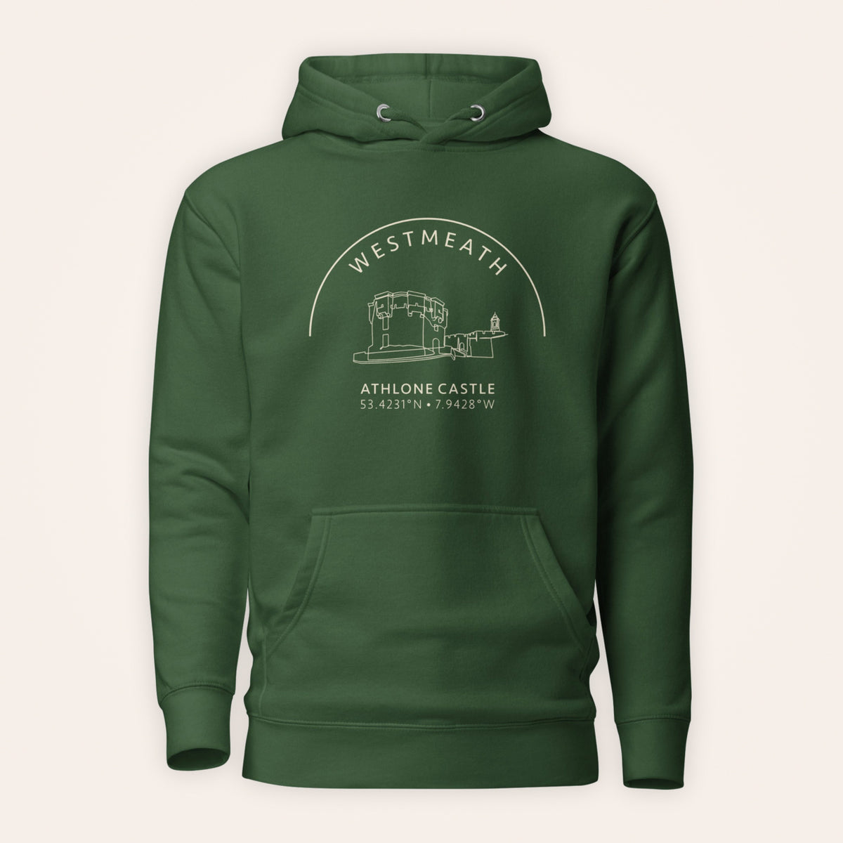 Westmeath Athlone Castle hoodie front view on warm ivory background