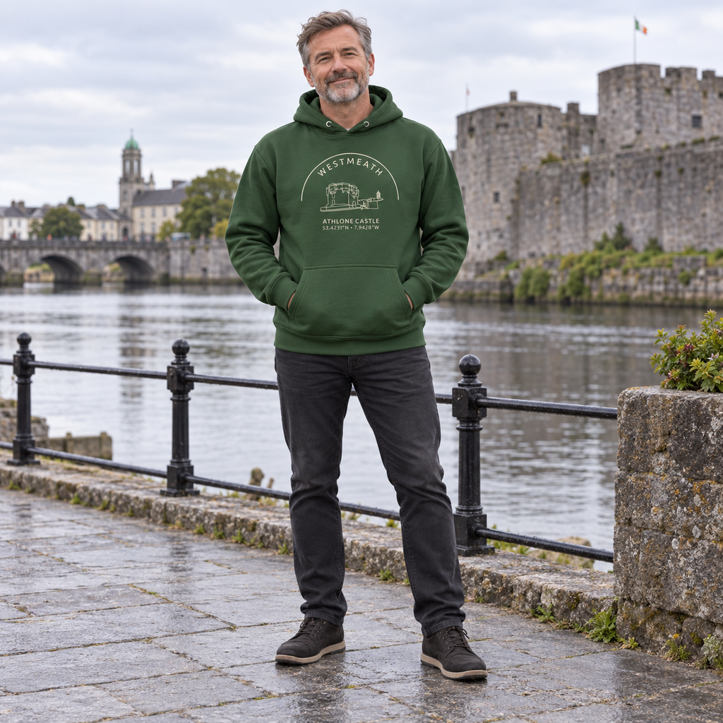 Man wearing the Westmeath Athlone Castle forest green hoodie in Athlone