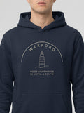 Navy hoodie with 'Wexford Hook Lighthouse' design on a white background