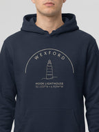 Navy hoodie with 'Wexford Hook Lighthouse' design on a white background