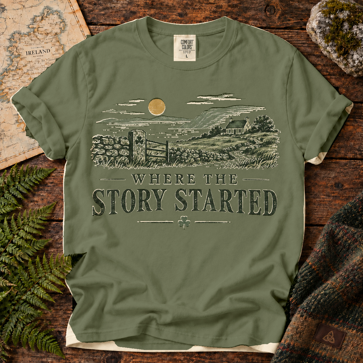Where the Story Started T-Shirt — Moss — Áit Standard Catalog Mockup v1